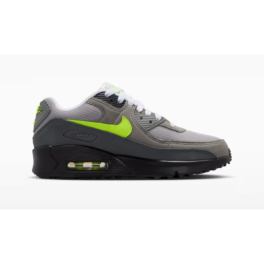 Big Kids Size 4Y Air Max 90 Grey/Black/Neon Running Shoes Sneakers IQ7583-001